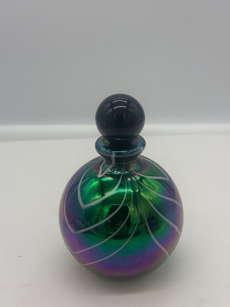 Iridescent Black Glass Perfume Bottle White Pulled Feather