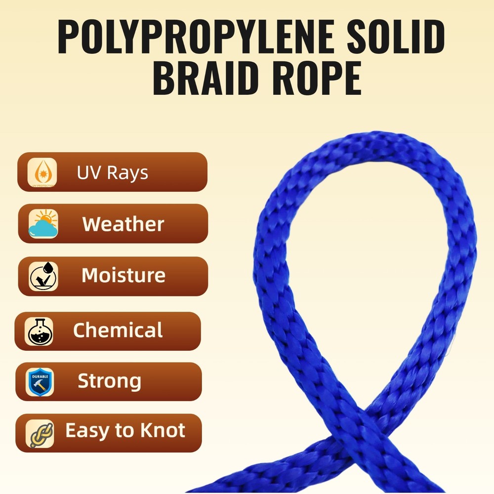 5/8'' 140FT Smooth Polypropylene Blue Solid Braid Rope