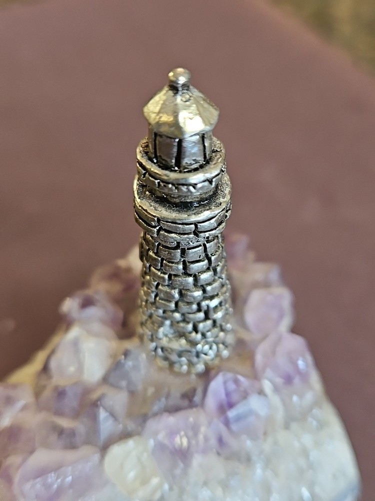 Pewter Lighthouse Blue Crystal "Light" Raw Amethyst Base
