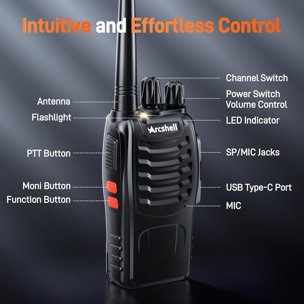 Rechargeable Long Range Two-Way Radios with Earpiece 4 Pack Arcshell Black