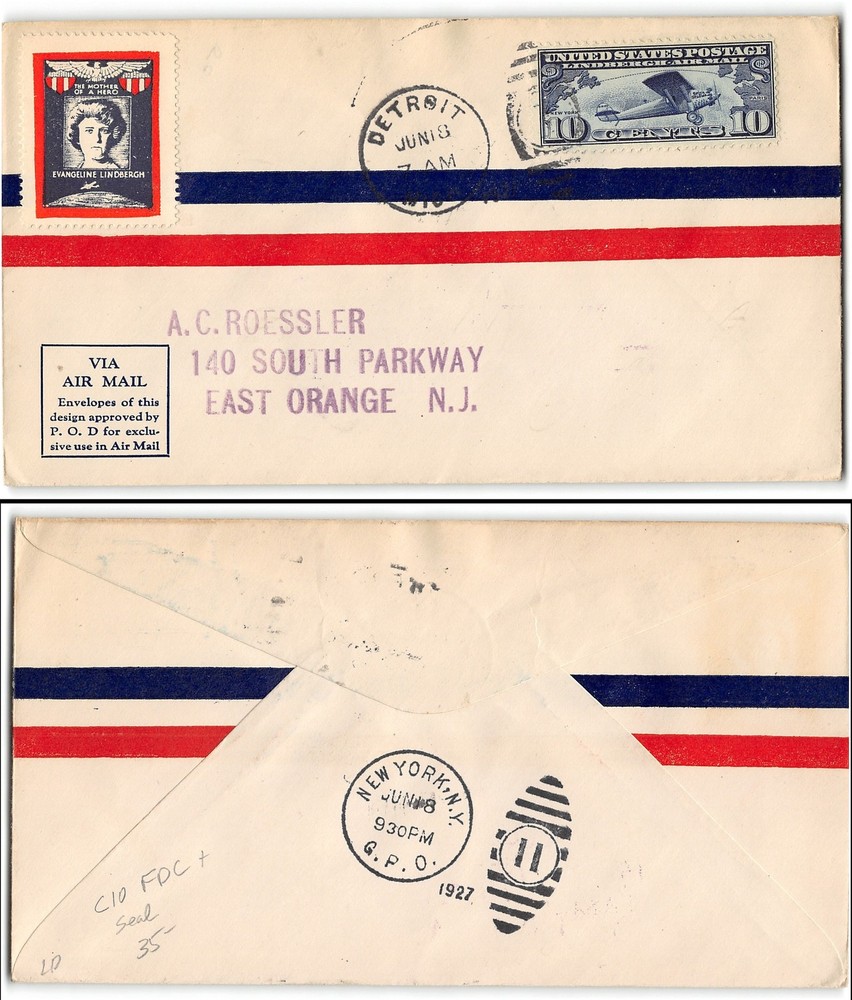 US #C10 FDC, with Lindbergh seal, 1927