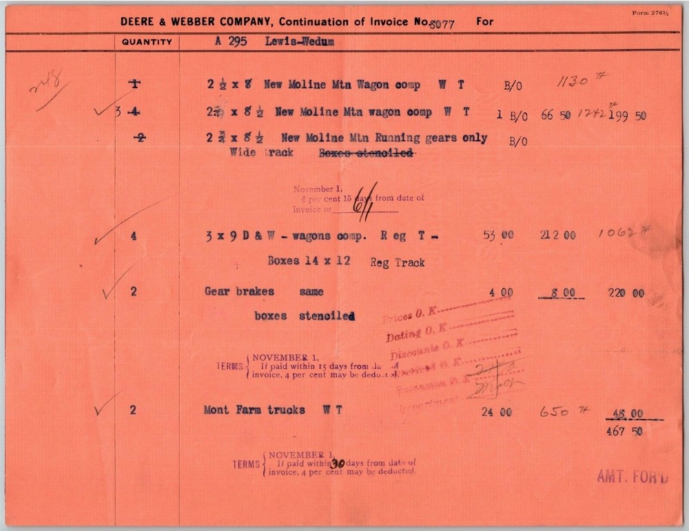Scarce c1907 John Deere / Deere & Webber Receipt Incl. New Moline Mtn Wagon Comp