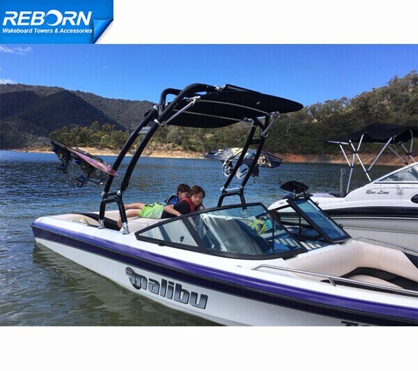 Reborn Black LaunchX Boat Wakeboard Tower Plus Pro3 Black Foldable Bimini Pkg