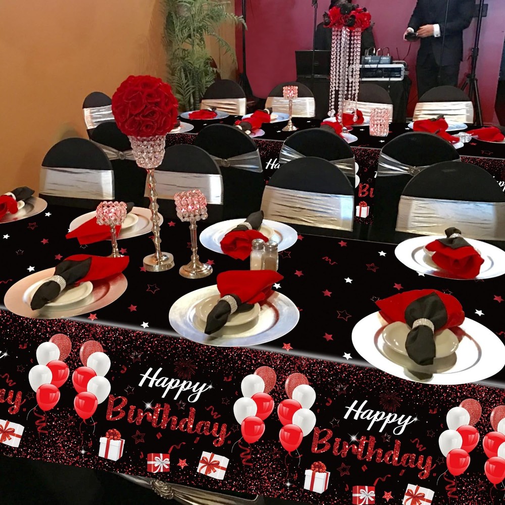 Plastic 4 Pack Black-Red Tablecloth, 51x87'' Rectangular Waterproof Disposabl...