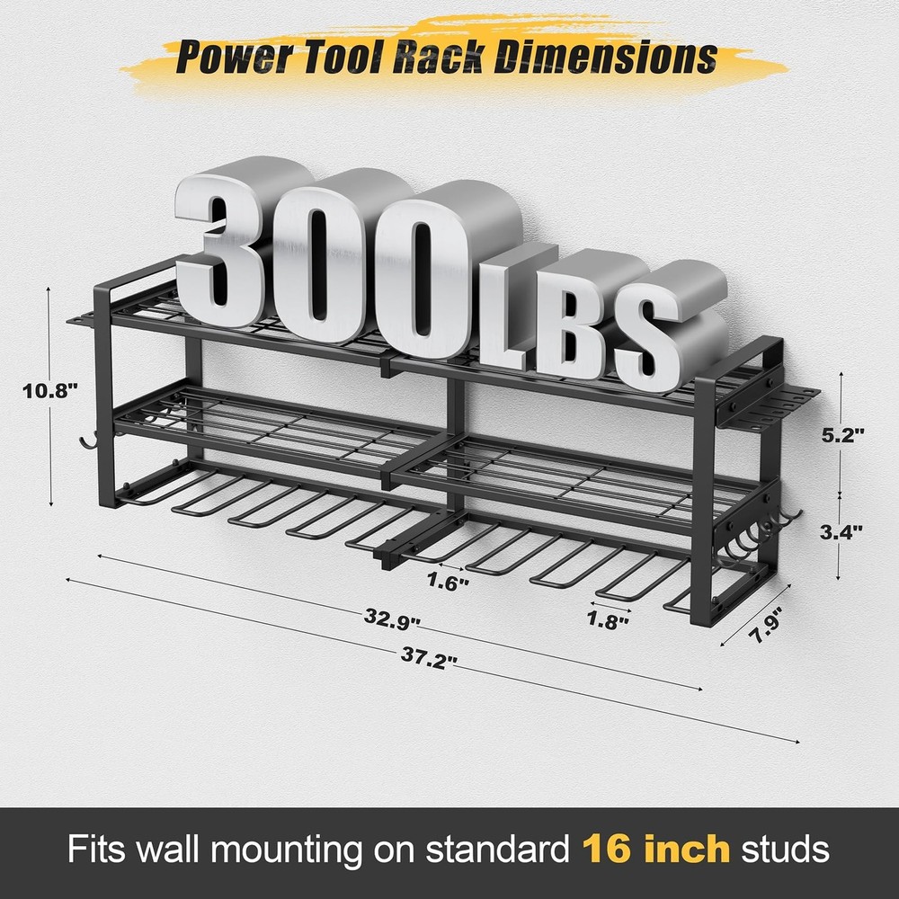 Power Tool Organizer Wall Mount, 3-Tier Tool Storage Rack with 8 Drill Holder...