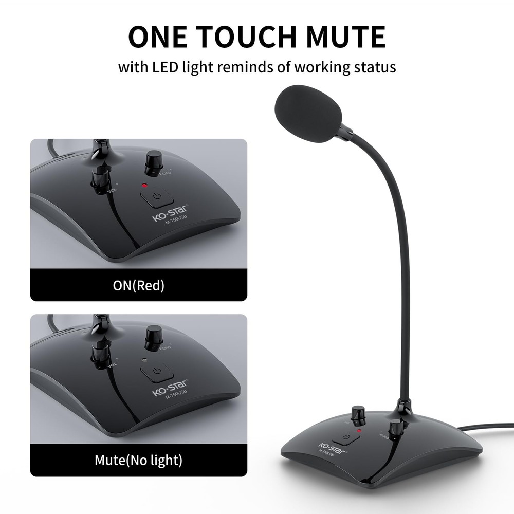 Recording Microphone, Omnidirectional Condenser, Black - Mute Button & LED