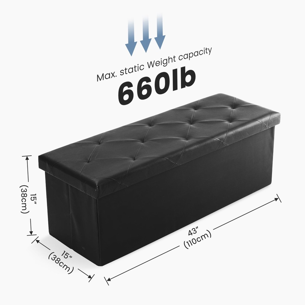 Foldable Storage Ottoman Bench, 30/43in, Black/Brown