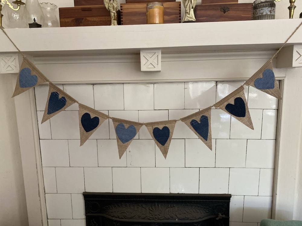 String Pennant Triangles With Denim Hearts Made To Order USA 8-5”x7” PerString