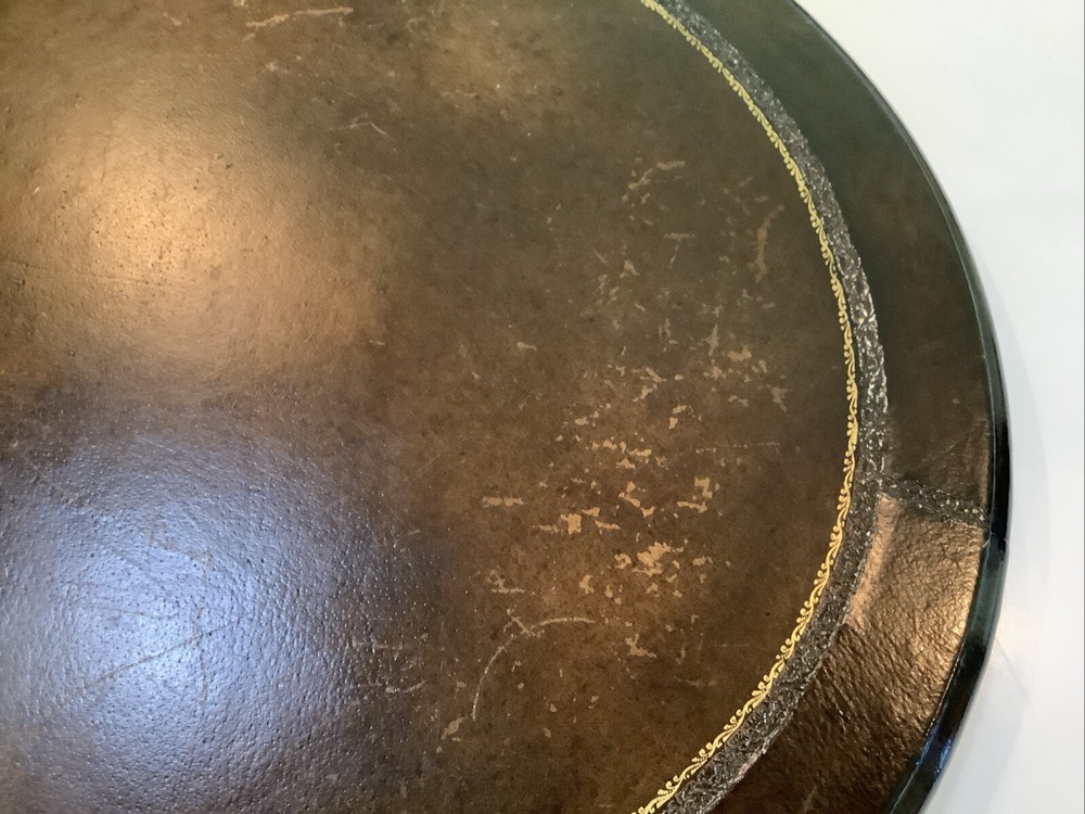 Vintage Tooled Leather Covered Table Top Or display Stand WOW