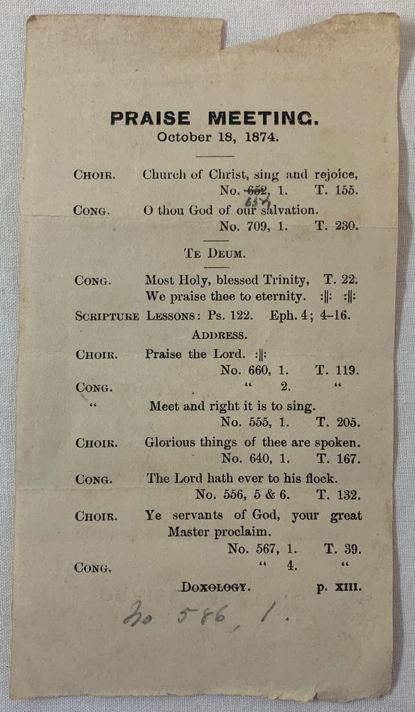 October 18, 1874 PRAISE MEETING program ~ unknown location