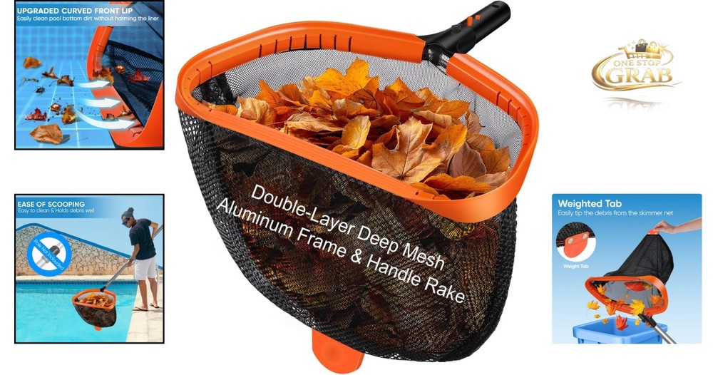 17.5-Inch Pool Skimmer Net Aluminum Frame Double-Layer Mesh Leaf Rake