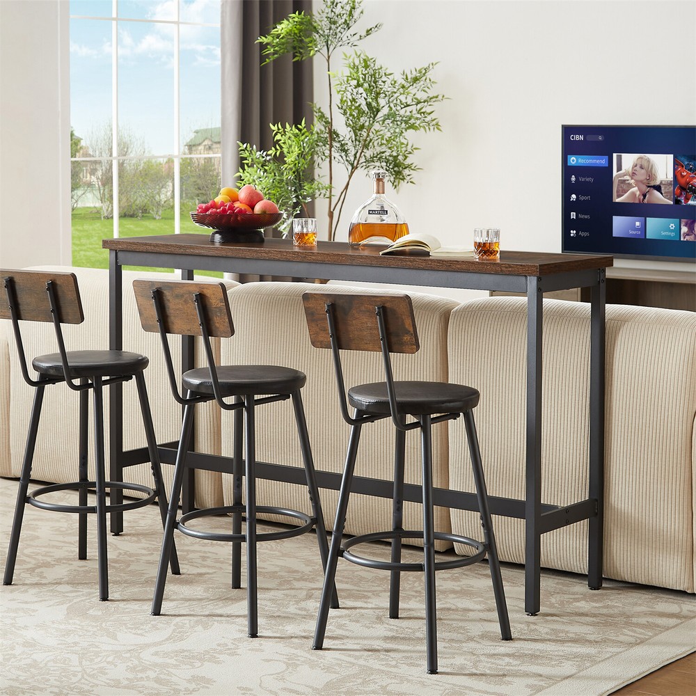 4 Piece Bar Table Set Counter Height Kitchen Pub Table w/ 3 Bar Stools Brown