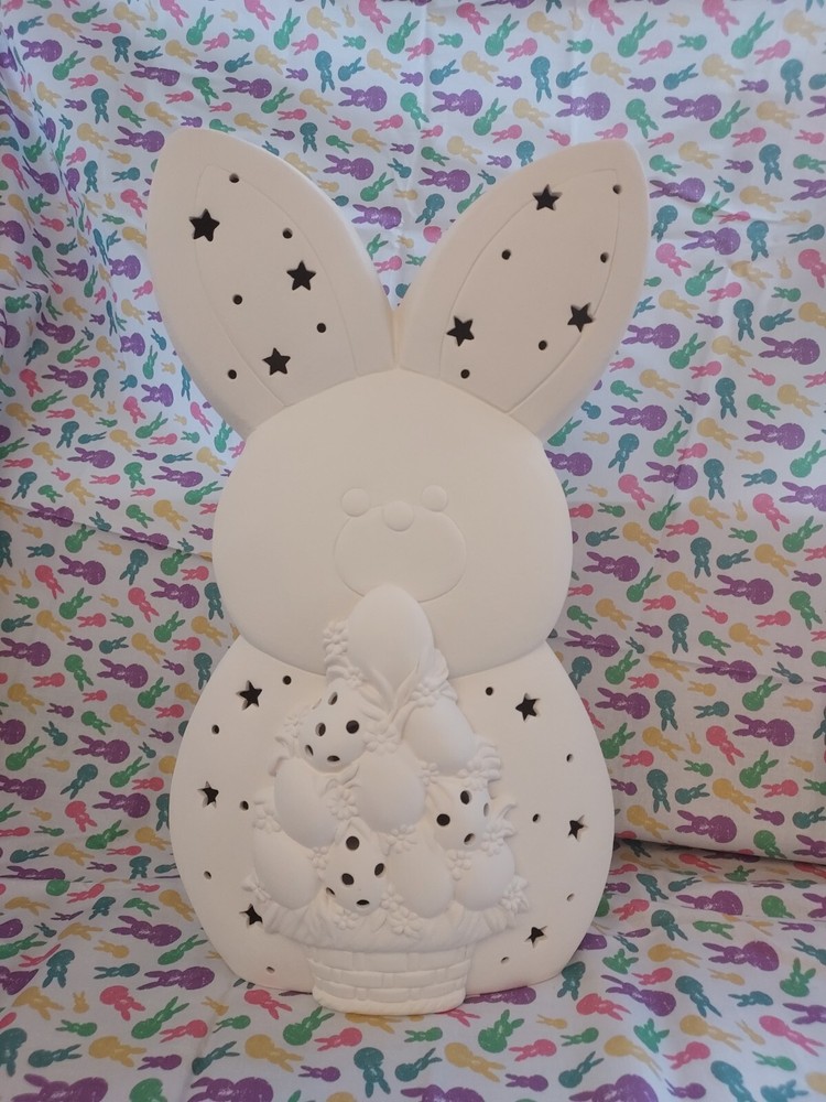 Ceramic Bisque ~ Ready to Paint Large~ Marshmallow Bunny with Egg Stack~ Lighted
