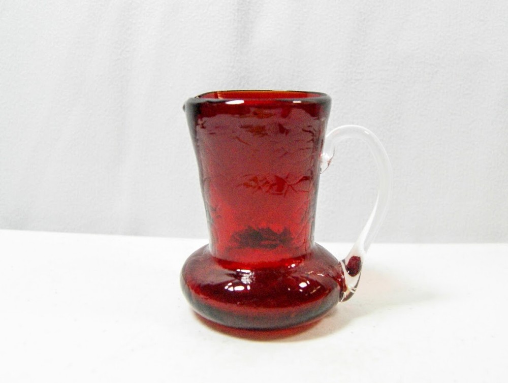 Ruby Red Crackle Glass Creamer Mini Pitcher 3.5" Tall