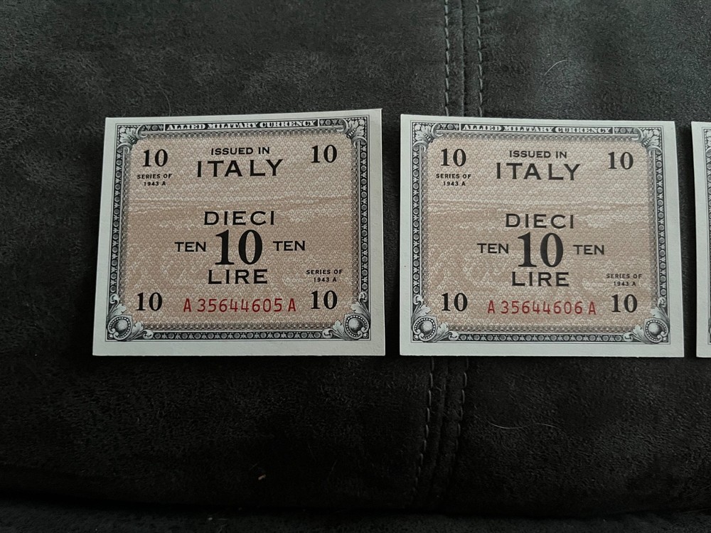 Three Consecutive Serial # 1943 A Italy 10 Lire P M19 Uncirculated