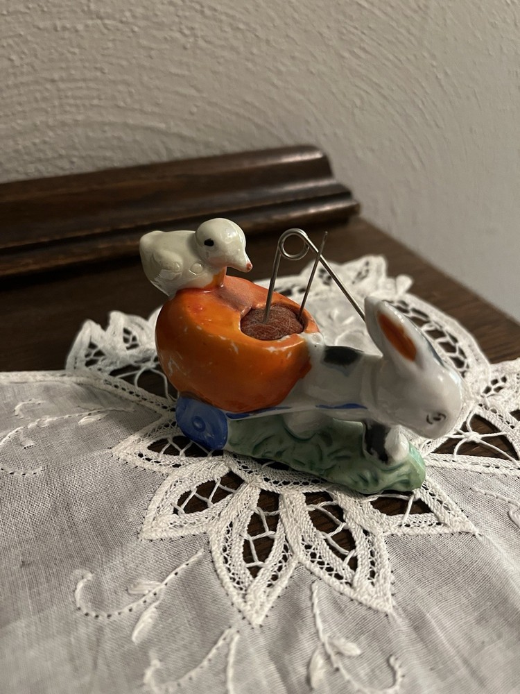 Vintage Bunny Pulling Cart Pin Cushion