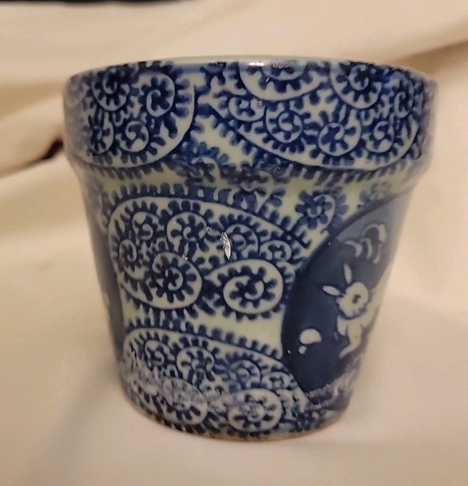 Vtg Cobalt Blue Small Ceramic Flower Planter 2 Rabbits Scroll Design
