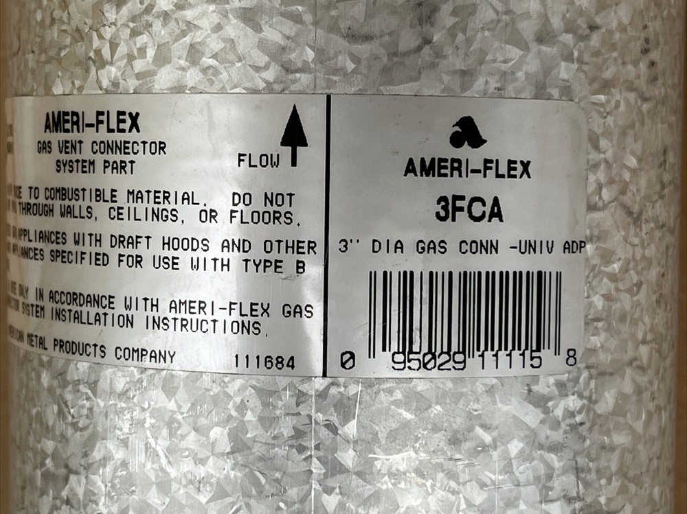 AMERI-FLEX #3FCA 3” Single Wall Gas Vent Connector UL Listed Free Shipping!