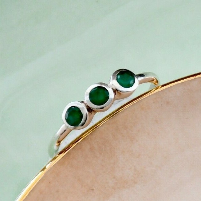 Ring Silver 925 Emerald Stackable Sterling Solid Gemstone Genuine Band Jewelry