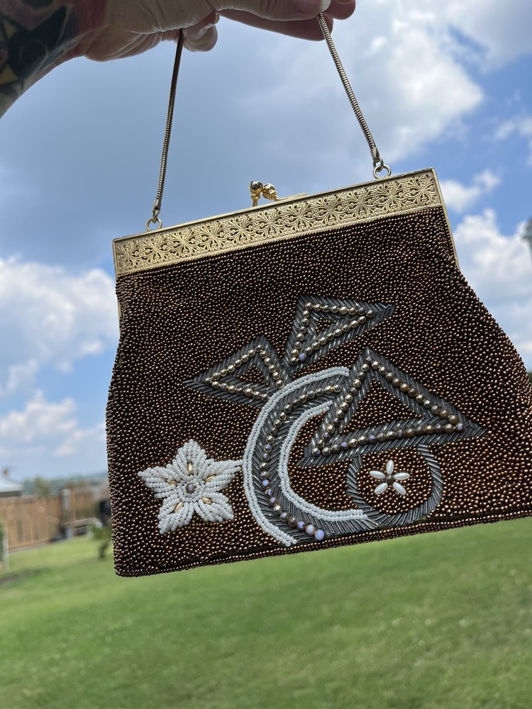 Vtg Copper Beaded Bag Handbag Purse