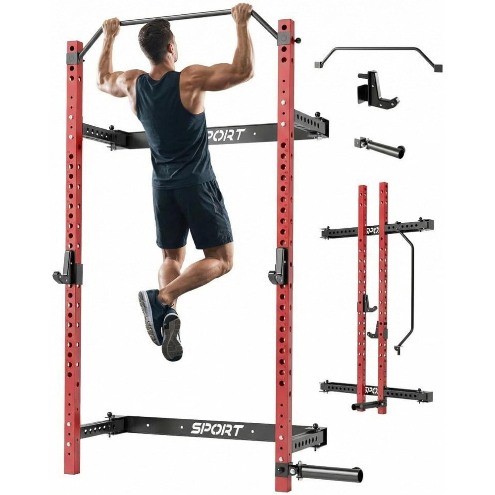 1000LBS Capacity Folding Wall-Mounted Squat Rack W/ Pull-Up Bar J-Hooks&Landmine