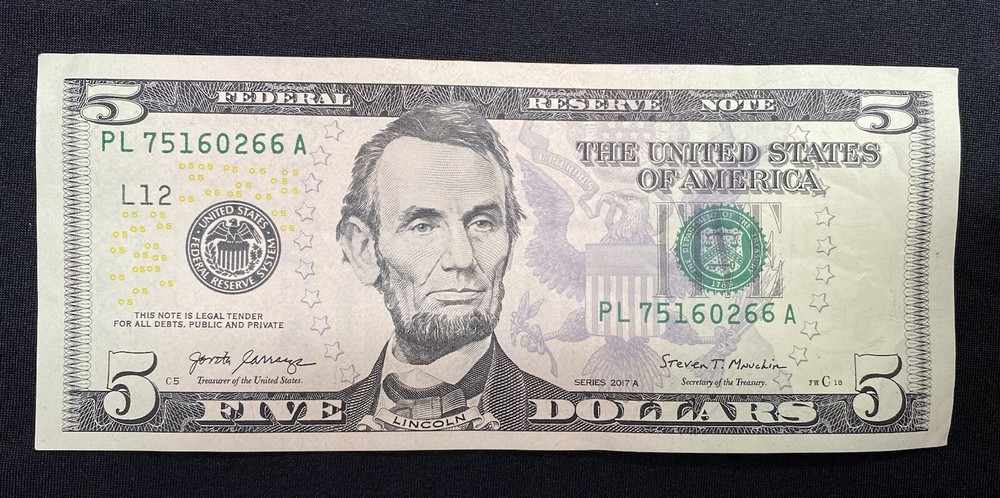 2017A $5 Bill Ink Error SeeThrough Reverse Of Note on serial number