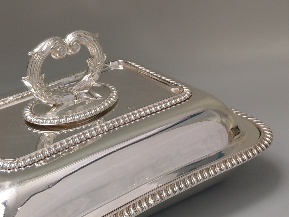 Large rectangle Sheffield plated serving dish with rope rim and ornate handle