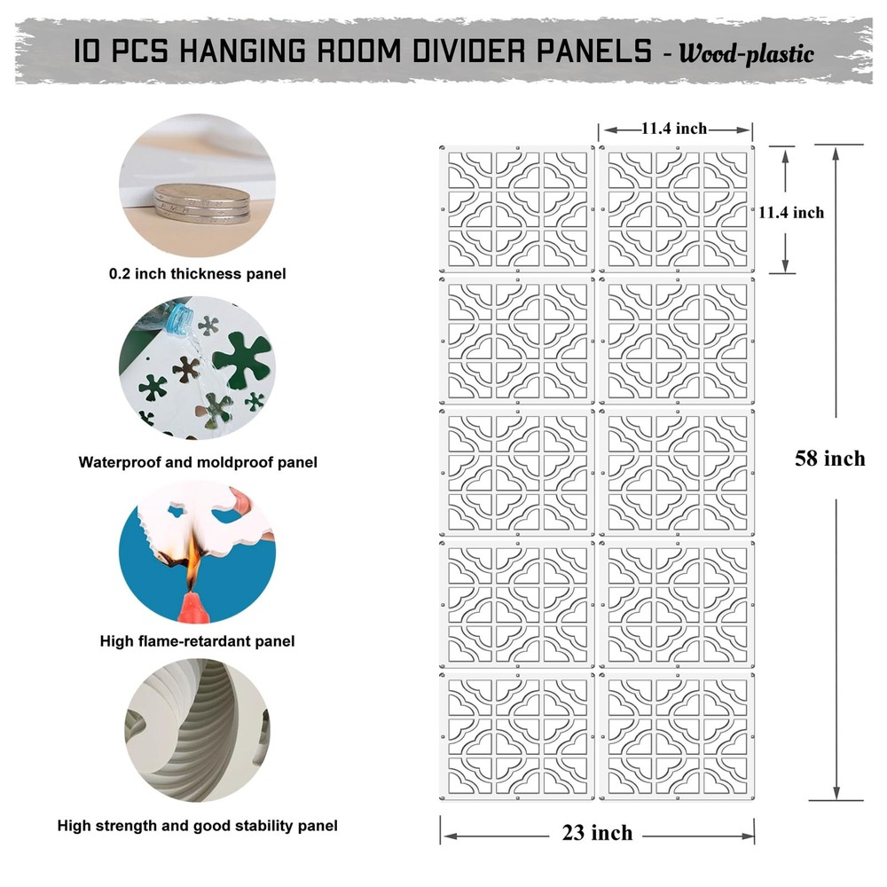 10 PCS White Hanging Room Divider WoodPlastic Screen Panel Wall Home Decor