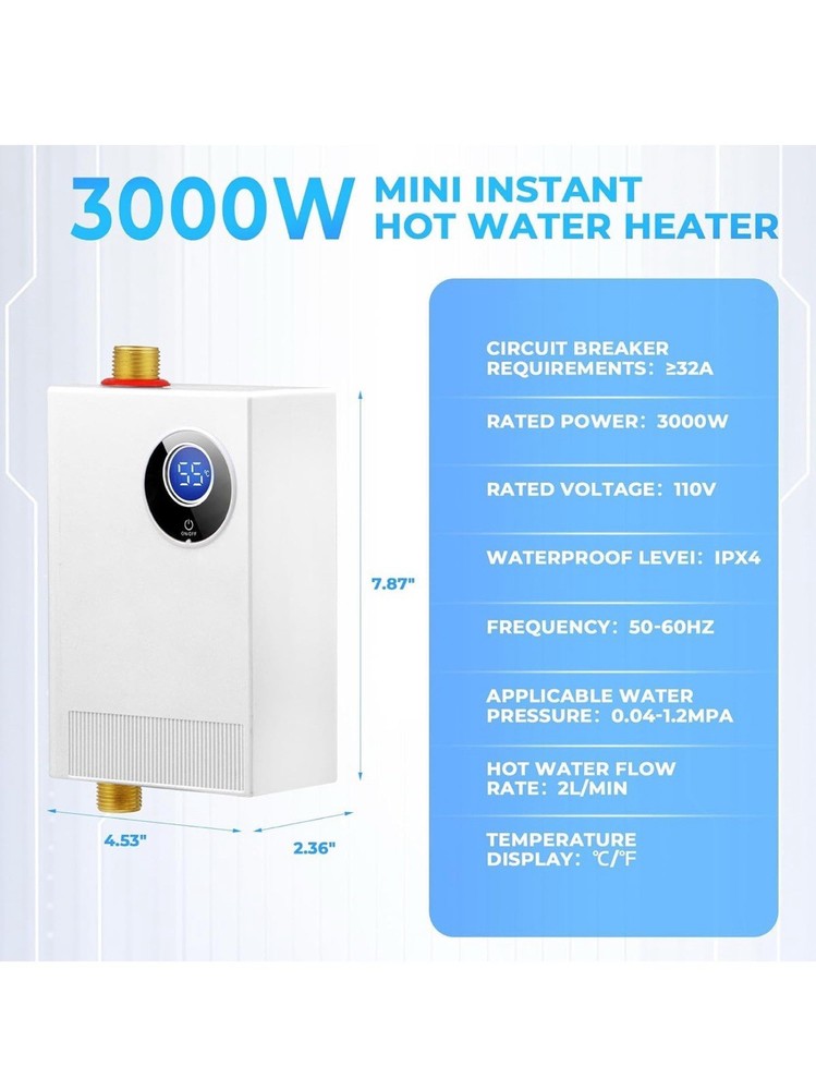 Tankless Water Heater Electric, Instant Hot Water Heater Under Sink, 3000W 110V
