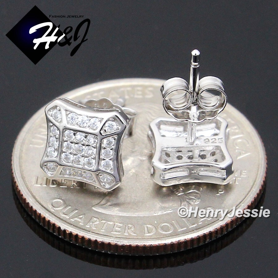 MEN WOMEN SOLID 925 STERLING SILVER ICY BLING CZ 8MM 3D SQUARE STUD EARRING*E233