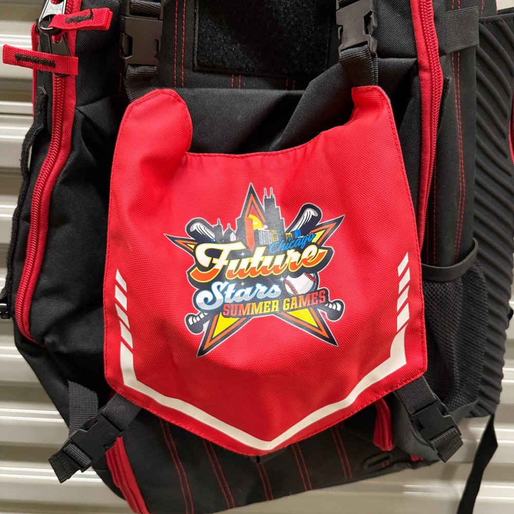Chicago Future Stars Baseball Backpack Black Red 2 Bat Sunglasses Compartment