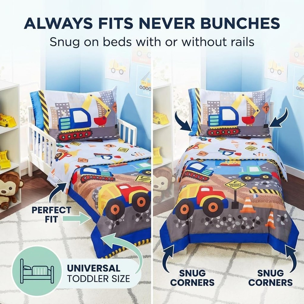 4 Piece Under Construction Toddler Bedding Set - Comforter, Sheets & Pillowcase