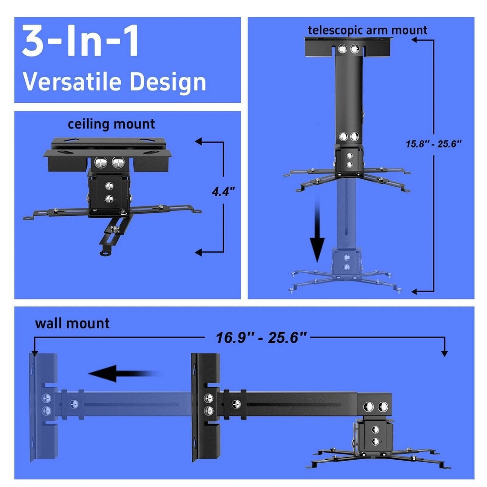 Projector Mount Ceiling/Wall - Universal 3-in-1 Bracket with Extension Pole