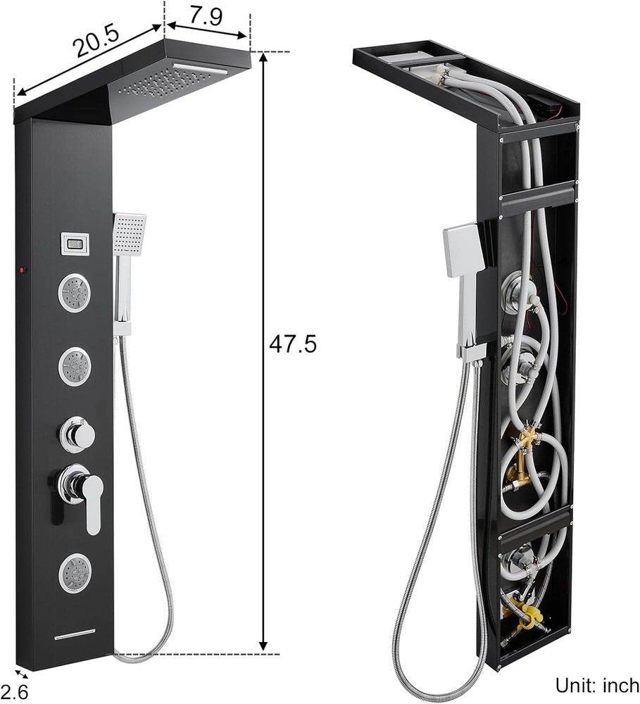 Multi-Function LED Lights Shower Panel System Black, 5 in 1 Shower Panel Include