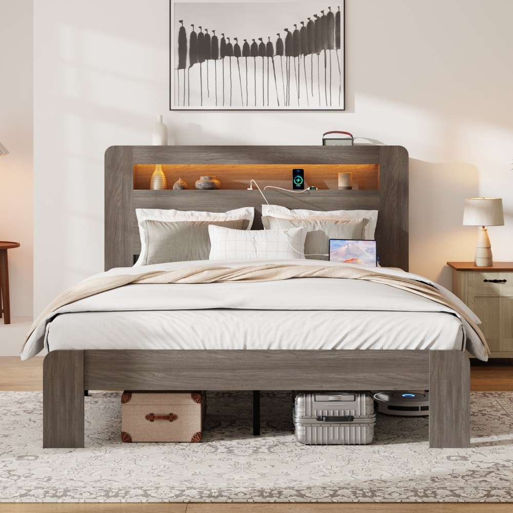 Queen/King Size Bed Frame Wood Platform Bed with Storage LED Light Headboard