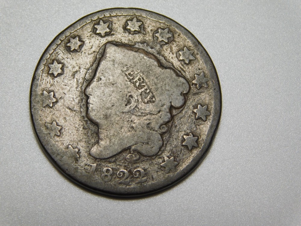 OLD US COPPER COINS 1822 CORONET HEAD LARGE CENT