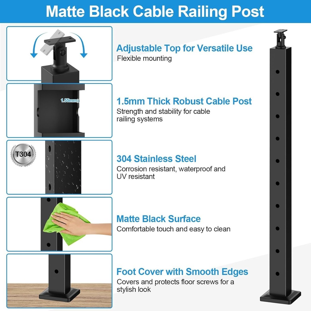 2 Pack 36" Cable Railing Post Kits w/ 1/8" Cable & Hardware Black