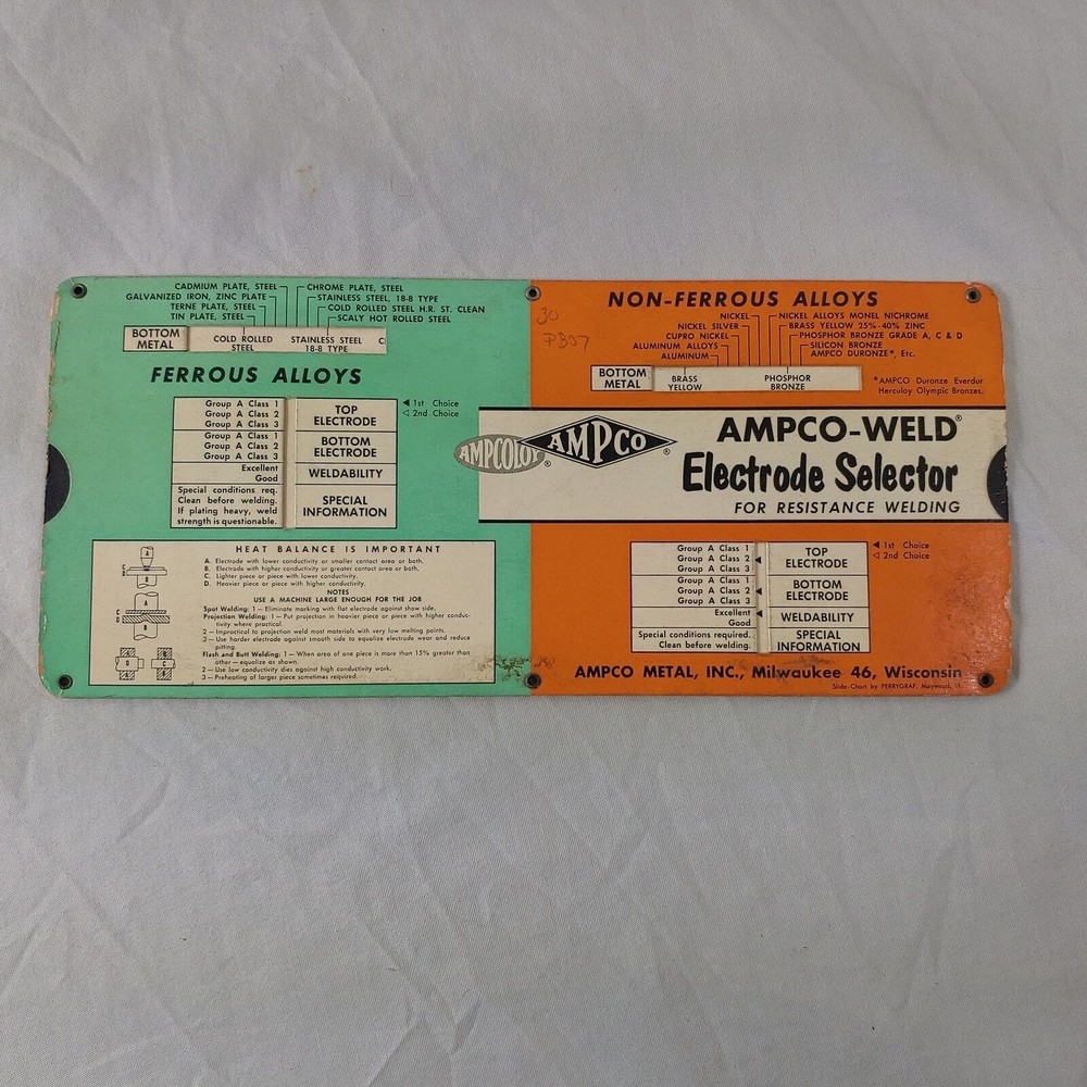 Ampco-Weld Electrode Selector for Resistance Welding Card. 1955 Data Chart