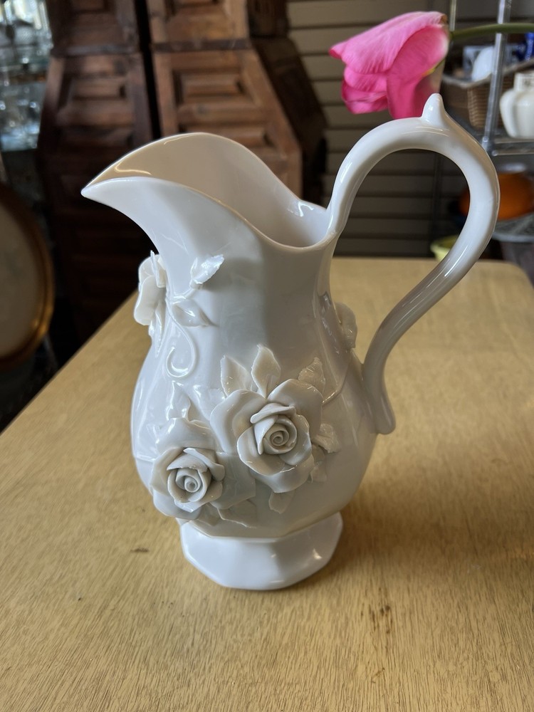 Pitcher Porcelain White W/ Rose Artwork