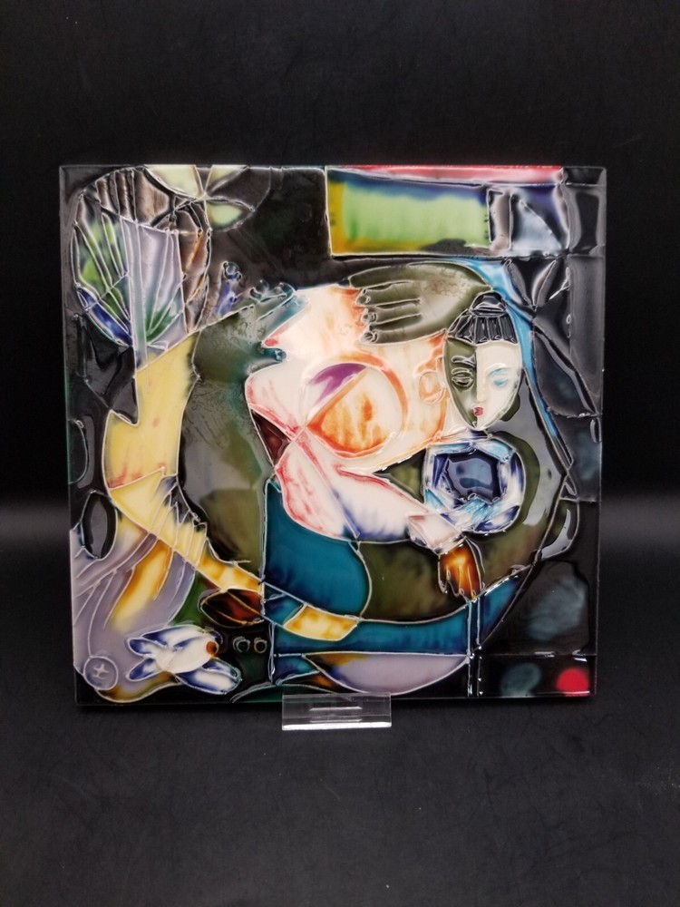 Beautiful hand painted glazed ceramic art tile signed by Yang Yang