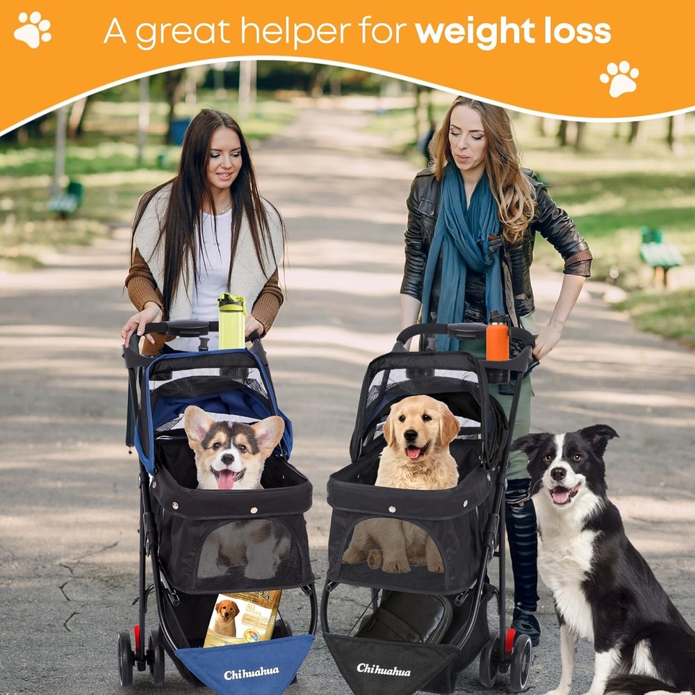 Pet Stroller Dog Stroller Small Medium Dogs Cats 3 Wheels Foldable W/Mesh Canopy