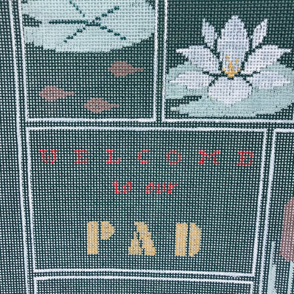 Hand Painted Needlepoint Pattern Welcome To Our Pad Signed Kathy Schenkel