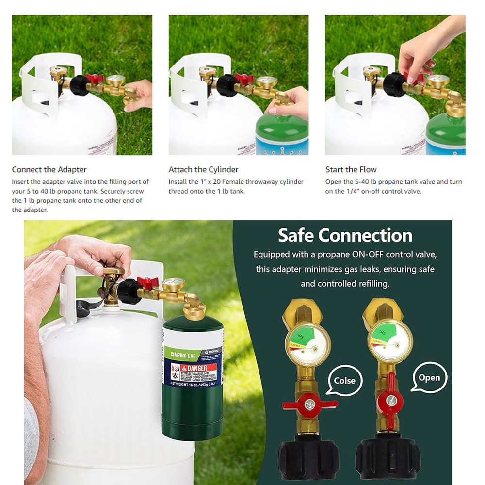 Solid Brass Propane Refill Kit, 90-Deg Elbow, QCC1 with On-Off Control