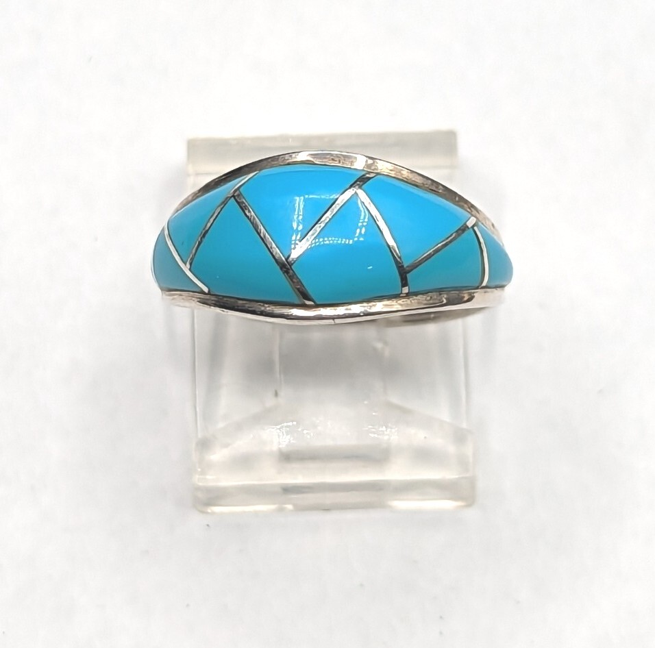 Sterling Silver Signed JJ Turquoise Blue Inlay Zig Zag Ring Size 6