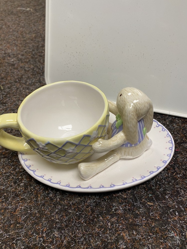 Hallmark Vintage Ceramic Easter-Spring Rabbit Bunny Holding a Cup & Saucer Set
