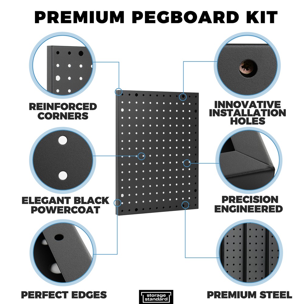 Heavy Duty 4-Panel Pegboard Wall Organizer With 32 Peg Hooks - Black