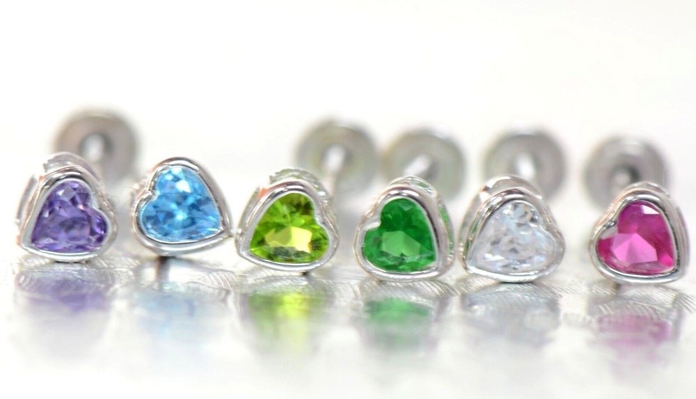 14K Solid White Gold Heart Stud Earrings Birthstone 3MM X 3MM
