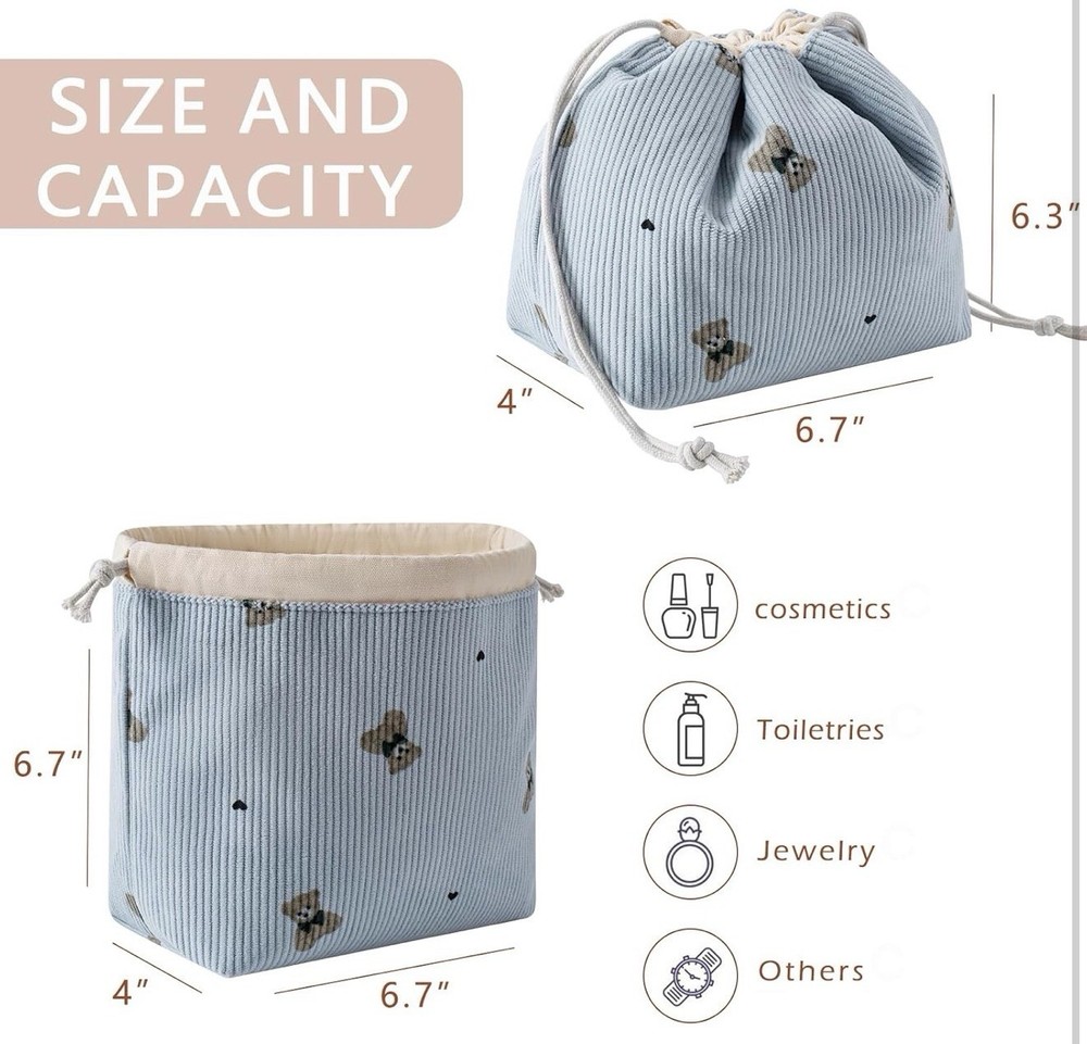 Cute Coquette Drawstring Cosmetic Bag with Canvas Lining, Bear Pattern