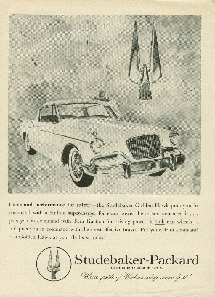 Command performance for safety Studebaker Golden Hawk ad 1957 US News