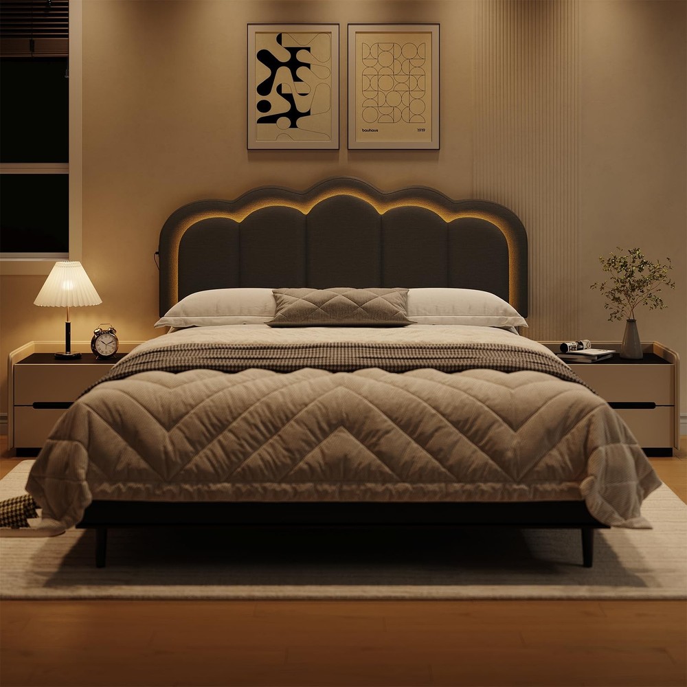Upholstered Headboard Full Queen USB Type C RGB LED Light Adjustable Height Grey